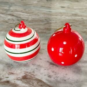 Set of 2 Red, White & Green Polka Dot & Stripes Ceramic Christmas Ornaments
